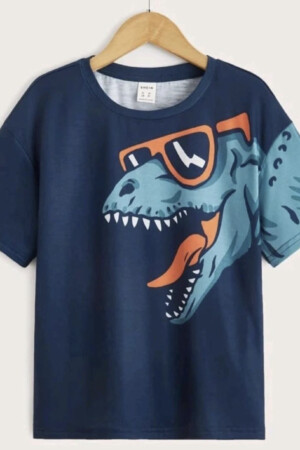 Camisa azul oscuro con dino de lentes anaranjados