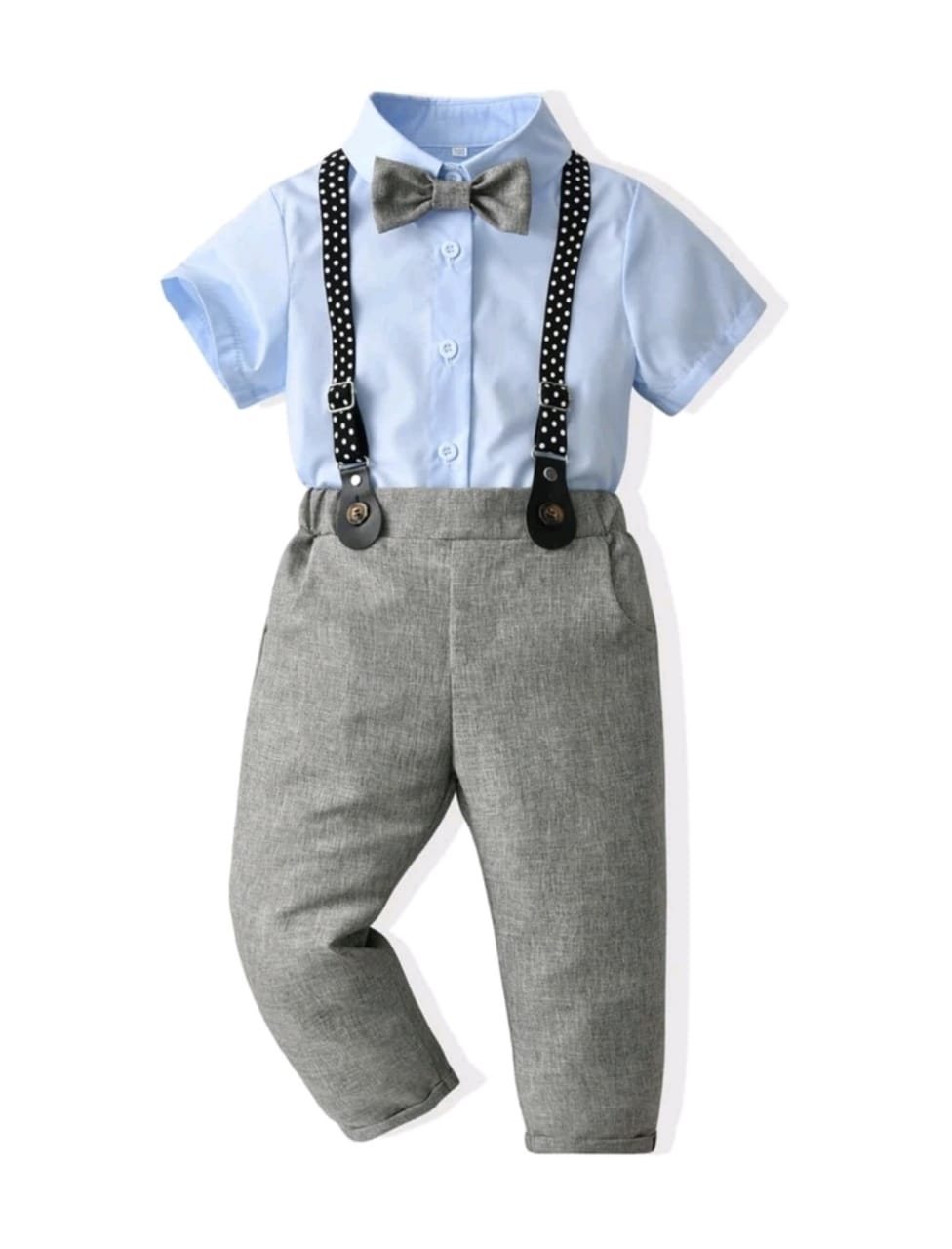 Traje formal de camisa azul y pantalón gris. – Crece Kids, image size:976x1280