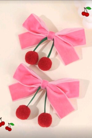 set de ganchitos de moñito de cerezitas rosado verde y rojo