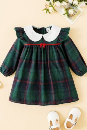 VESTIDO VERDE CON CHONGUITO ROJO